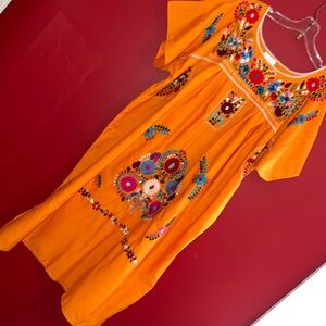 Embroidered Orange Mexican Maxi Dress